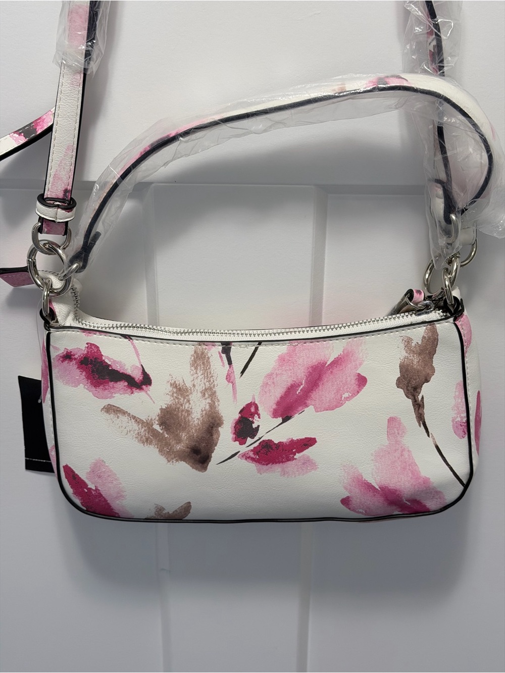 Alfani White Crossbody Purse with Pink Floral Watercolor Print - Picture 6 of 7